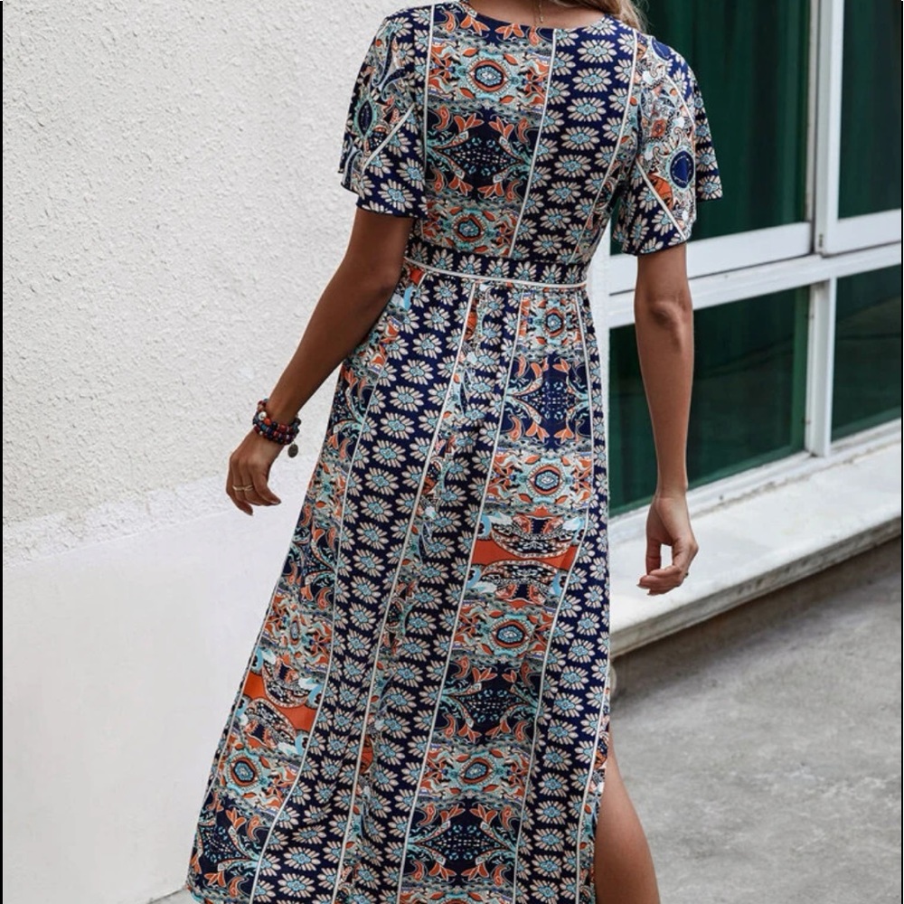 Boho Tribal Floral Print V Neck Side Slit Belted Maxi Dress - Picture 4 of 6